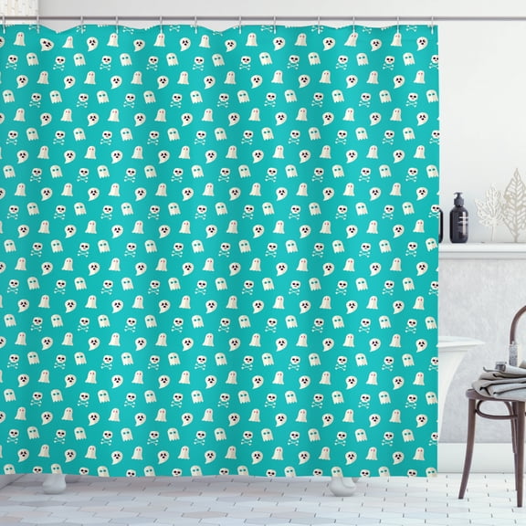 Ambesonne Ghost Shower Curtain, Scary Spirits Skulls Bones, 69"Wx75"L, Turquoise and Eggshell