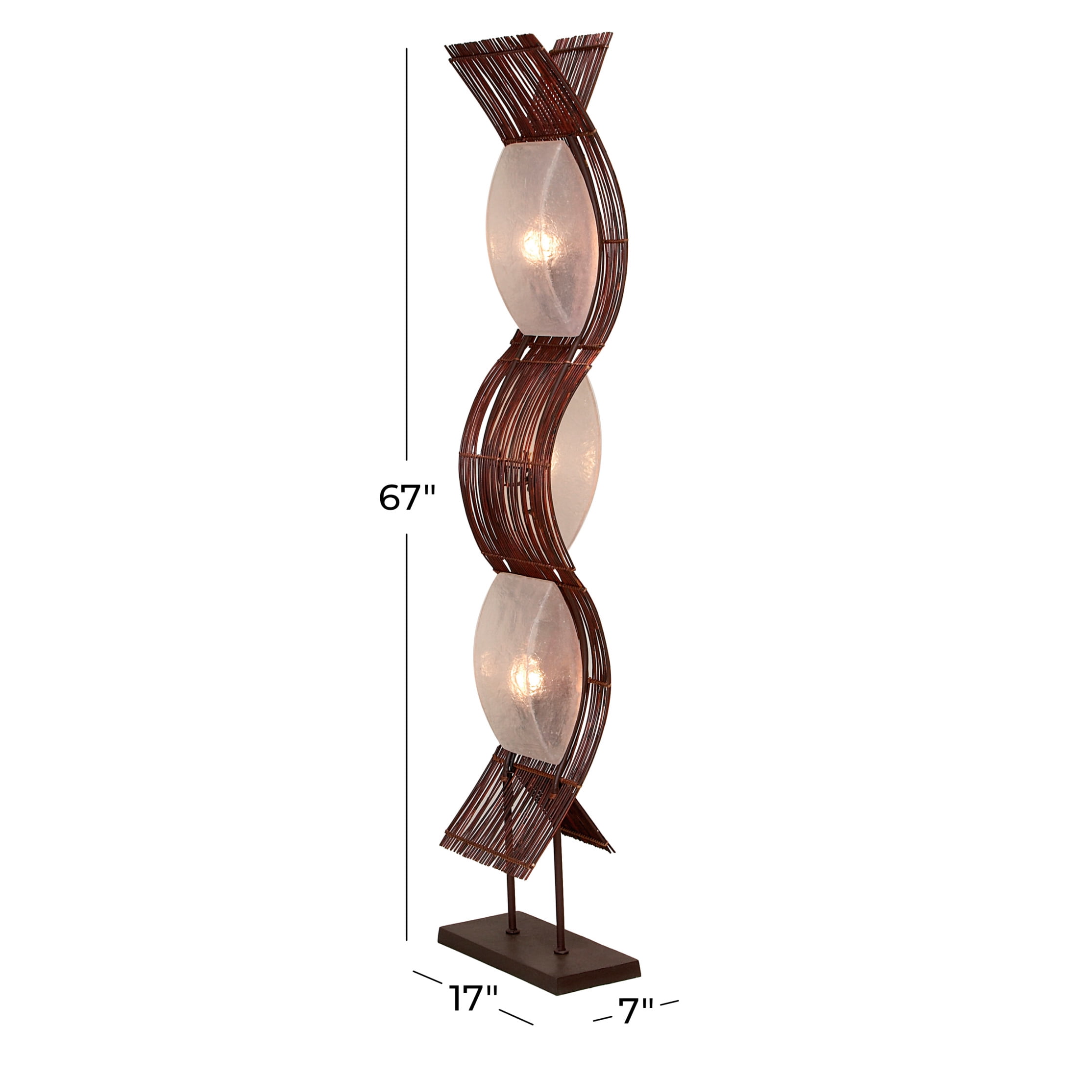 DecMode 67" 3 Light Wavy Tribal Brown Floor Lamp with Cream Shell Shade