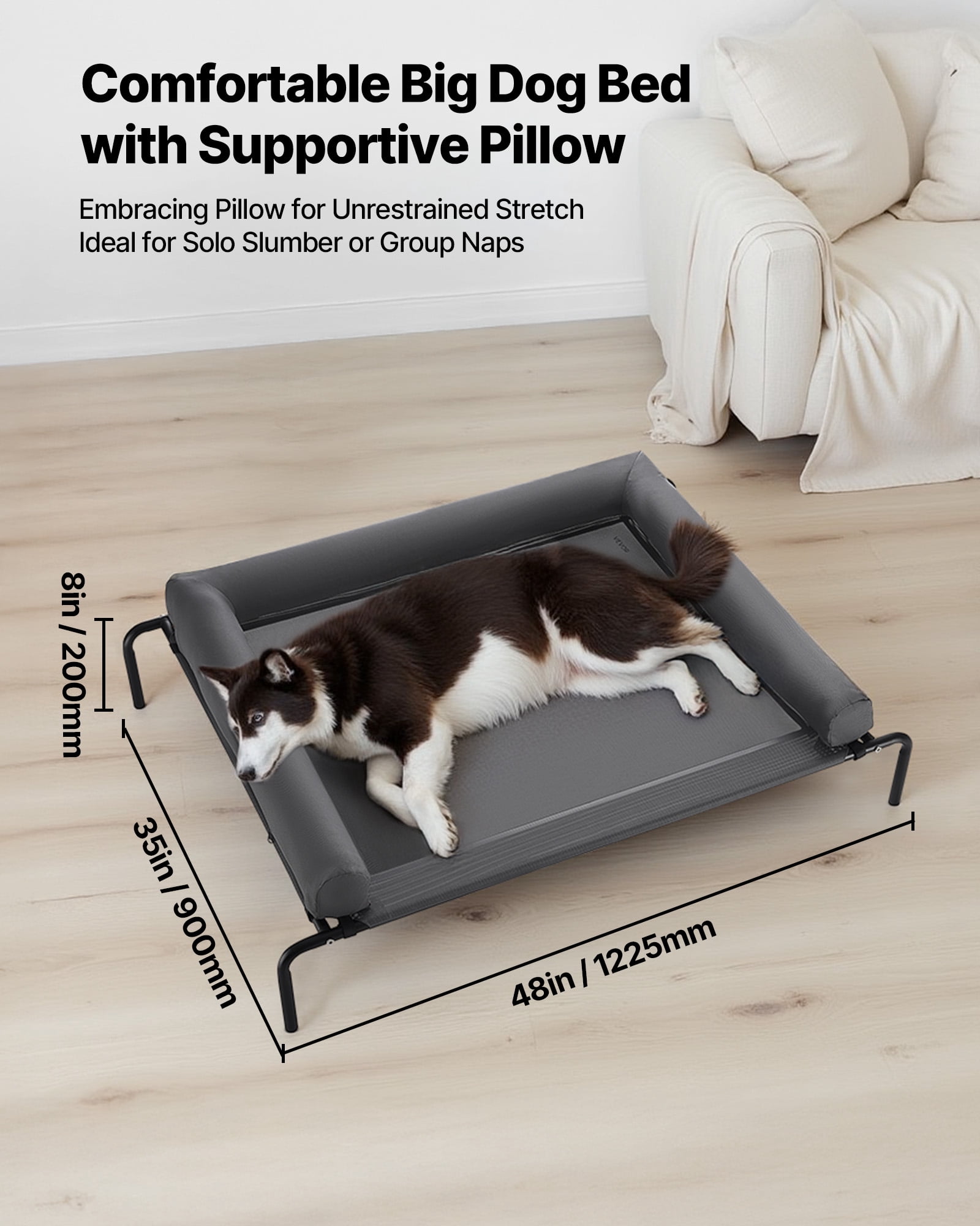VEVOR Elevated Dog Bed for Large Dogs, Portable Raised Dog Cot with Washable Pillow, Indoor & Outdoor Pet Cooling Raised Hammock Bed with Steel Metal Frame and Breathable Teslin Mesh, XL, Gray