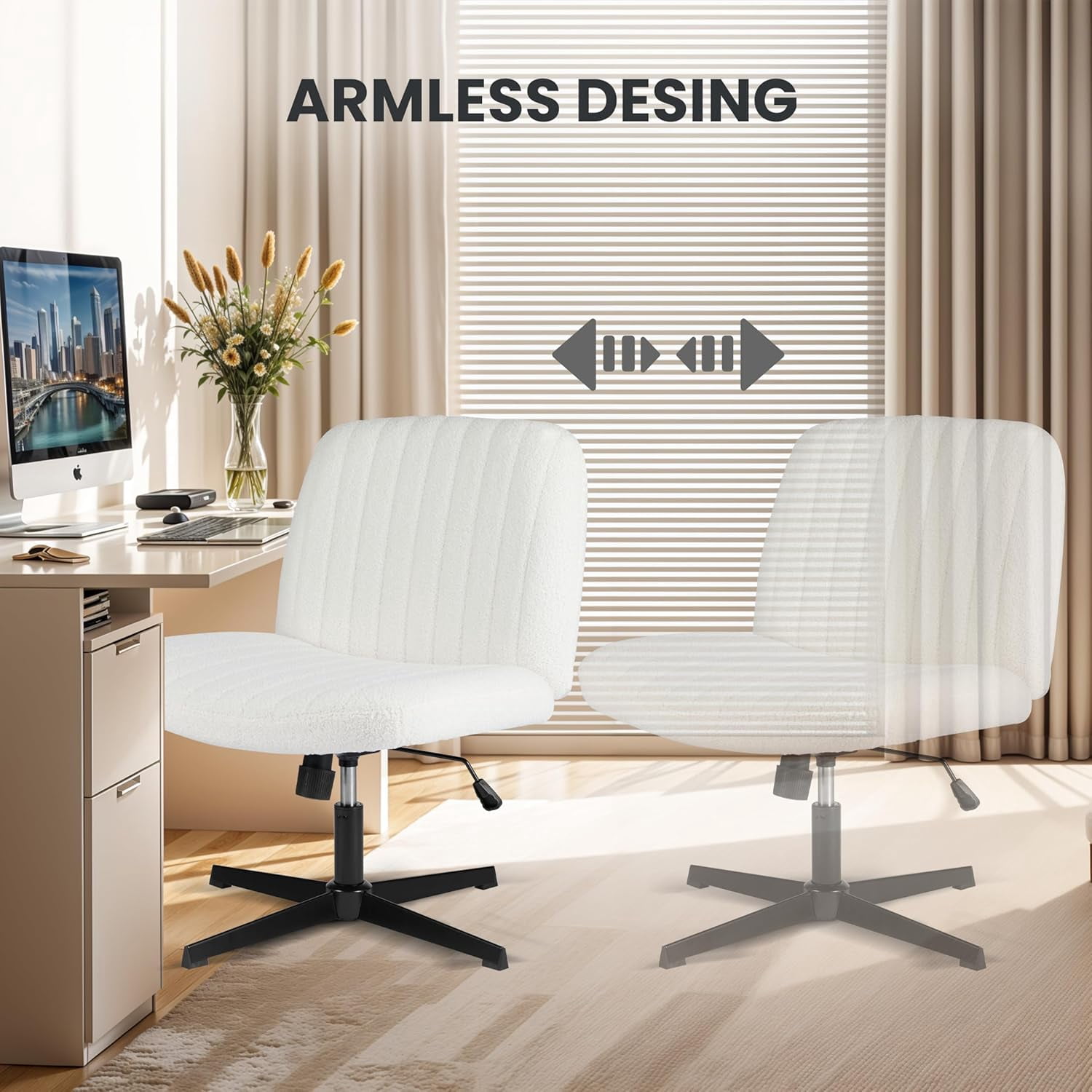 QUIOCOZY Wide Criss Cross Leg Chair, Swivel Office Desk Chair, Adjustable Faux Fur Computer Task Chair, Comfy Armless Vanity Makeup Chair without Wheels for Home & Office