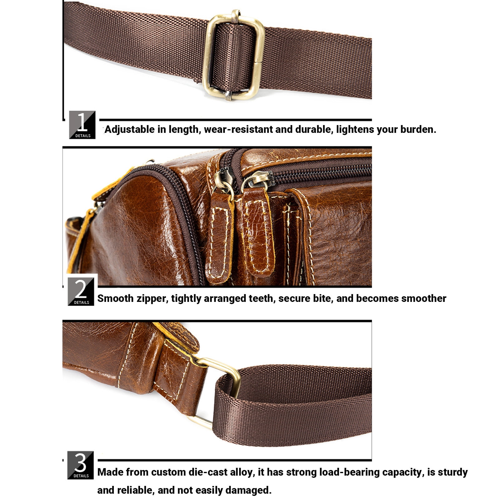 Men’s Genuine Leather Fanny Pack Multi-Pocket Waist Bag with Adjustable Strap and Metal Zipper – Oil Coffee, Dark Coffee, Brown