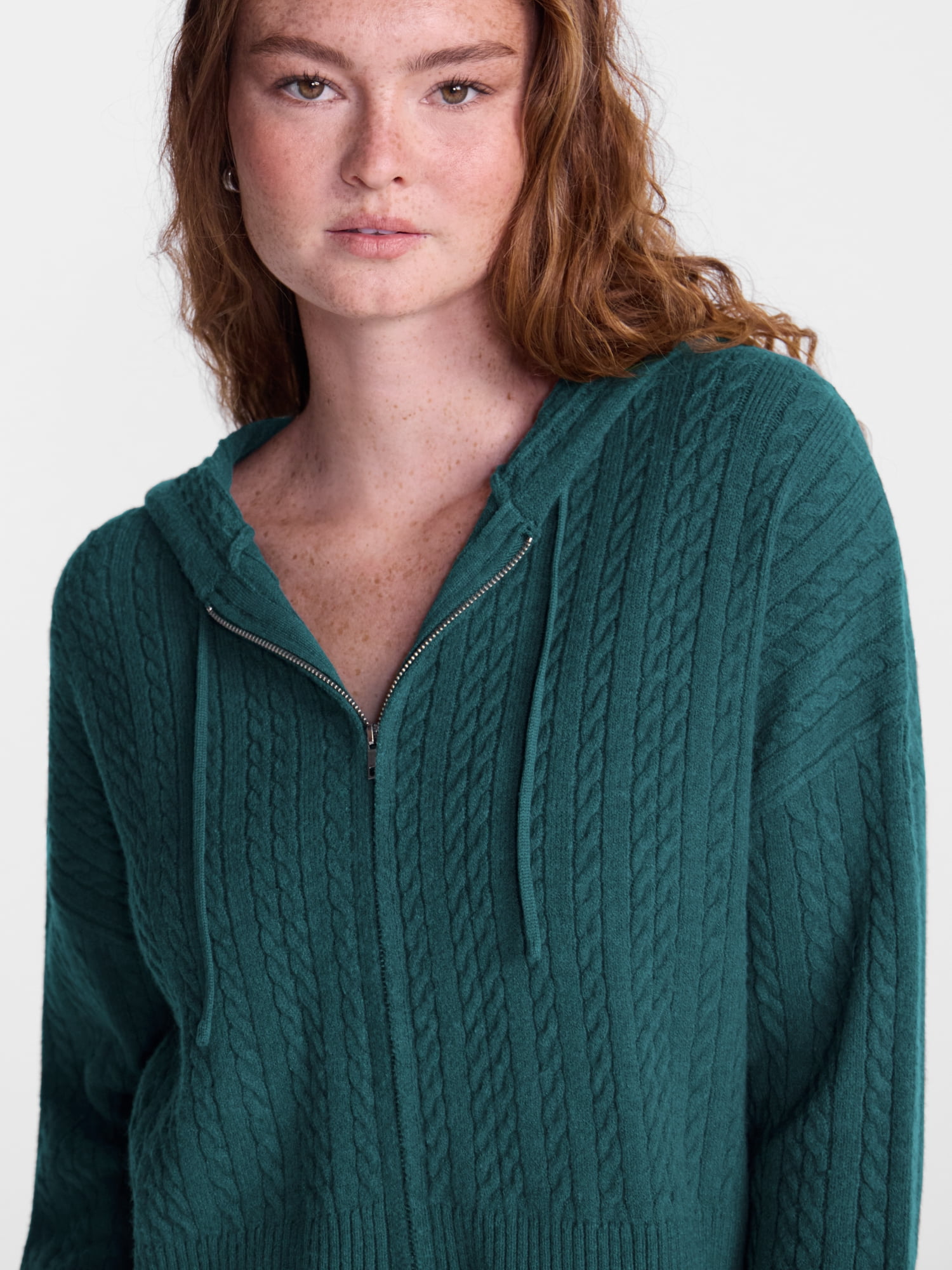 No Boundaries Cable Knit Zip Up Sweater with Hood, Women's XXS-XXL