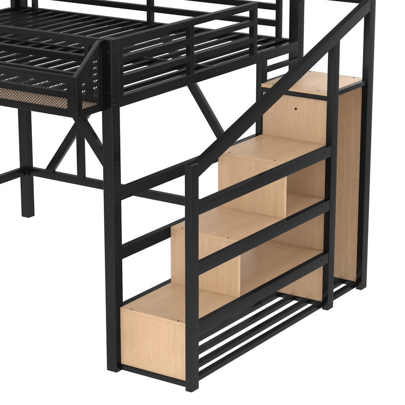 Queen Size Loft Bed with Storage Stairs,Shelves and Built-in Wardrobe, Metal Game Loft Bed Frame with USB Ports and LED Lights,Noise-reduced Design,Natural Wood