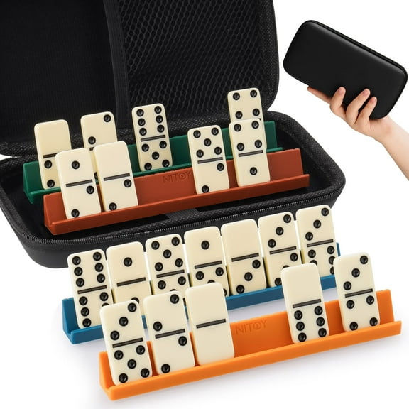Double 6 Dominos Set for Adults with 28 Tiles & 4 Silicone Domino Racks, Fits Most Standard Sizes (Not for Tournament), Classic Board Games with Portable Case for Family Game Nights and Travel