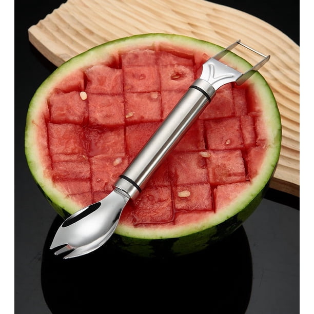 Cortador de sandía 3 en 1 de acero inoxidable con tenedor y cuchillo | Cortador de fruta inoxidable para cubos y rebanadas | Aparato de cocina ligero y portátil para fiestas familiares y camping.