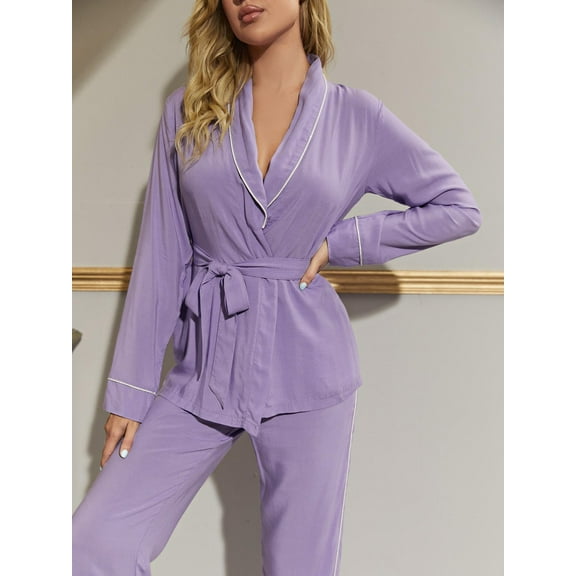 ebukurty Women's Pajama Sets 2 Piece V-neck Long Sleeves Tie Robe Sets, Sizes S-XL