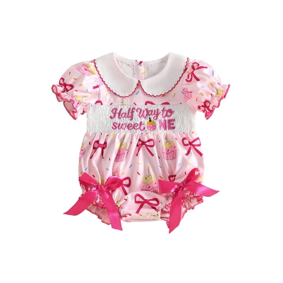 Cjfdfy Baby Girl 1/2 Half Birthday Outfit Half Way to One Birthday Clothes Summer Smocked Bubble Romper with Bows Cupcake Print Doll Collar Puff Short Short Sleeve Bodysuit Jumpsuit Playsuit