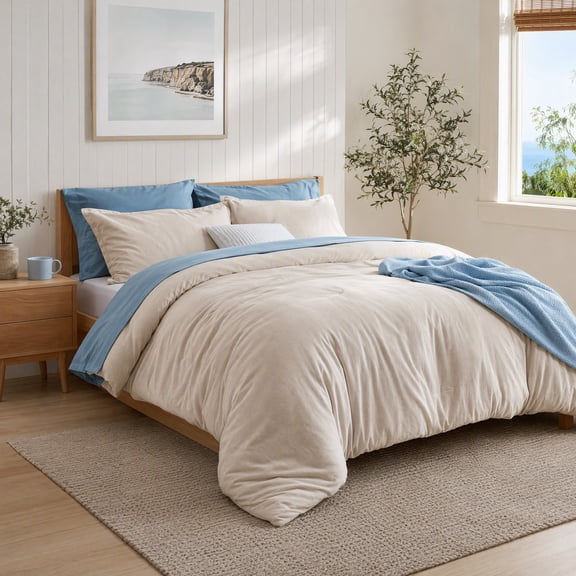 Queen Size Beige 3 Piece Comforter Set 90"x90", Cationic Dyed Soft All Season Bedding, Includes 1 Comforter and 2 Pillow Shams