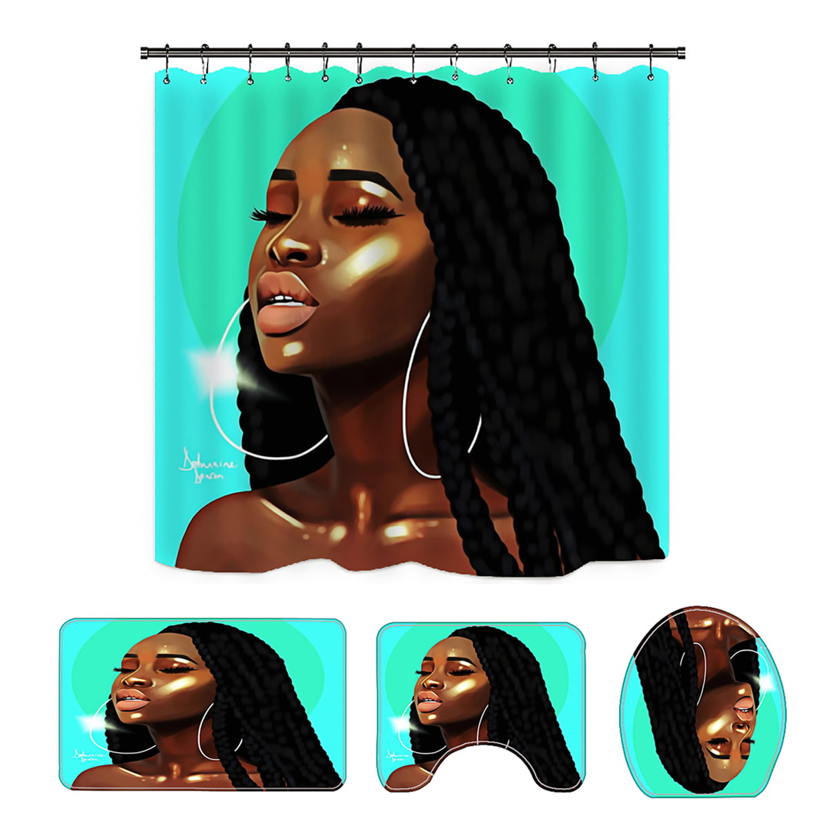 Long Hair African Girl Waterproof Fabric Shower Curtain Set Bathroom w/12 Hook 