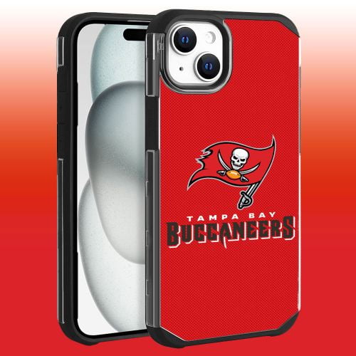 Apple iPhone 15 Plus (6.7) - NFL Licensed Tampa Bay Buccaneers Team Logo on Red Textured Dual Layer Case