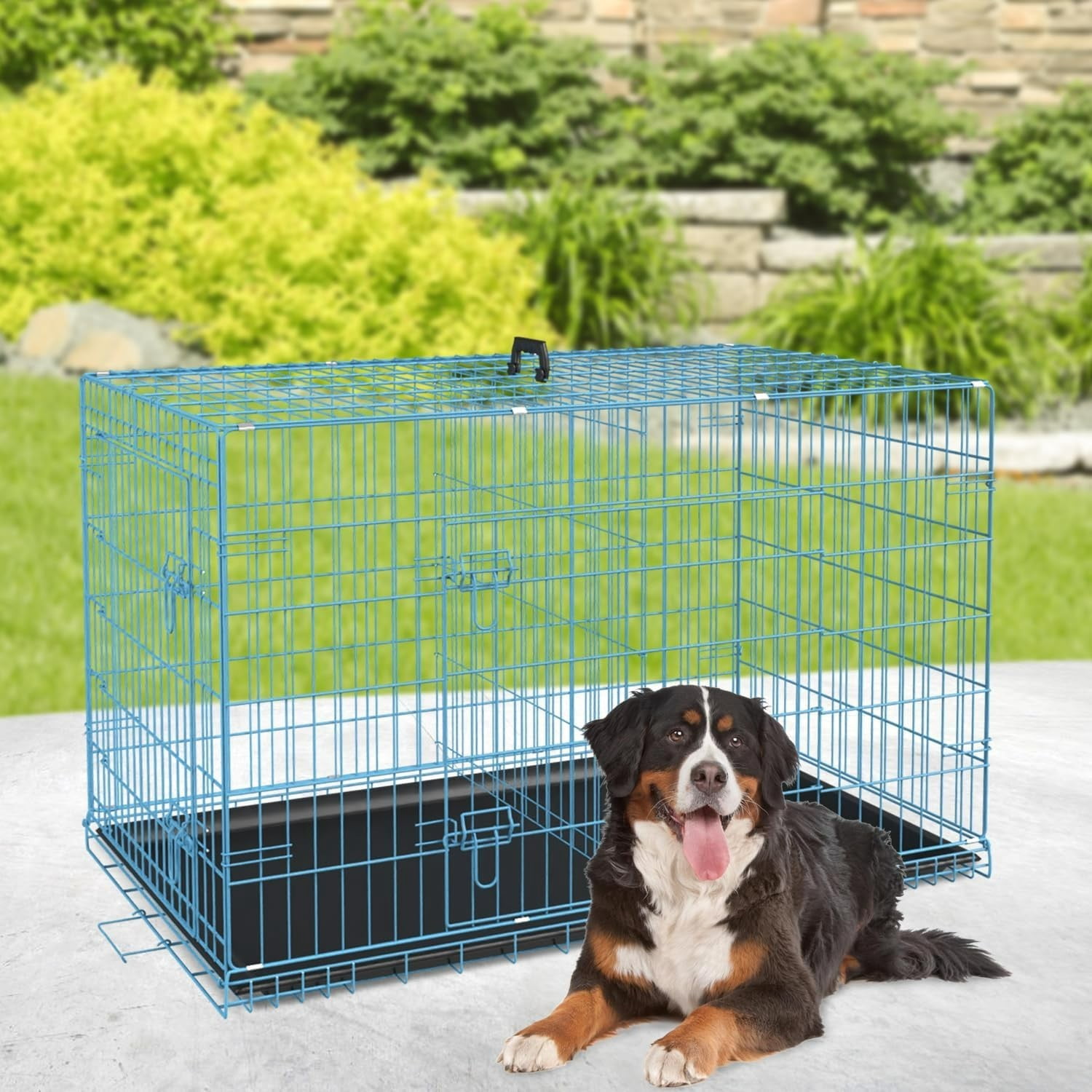 Extra Large Dog Crate Dog Kennel Cage with Double Door,48 inch Folding Metal Wire Dog Cage with Removable Tray&Divider Panel,Pet Crate for Large Dogs,Blue