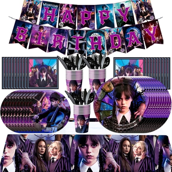 Wednesday Birthday Party Tableware, 228 Pcs Wednesday Party Supplies Tableware - Tablecloth Banner Plates Napkins Cups for Wednesday Birthday Party Decoration, Serves 32