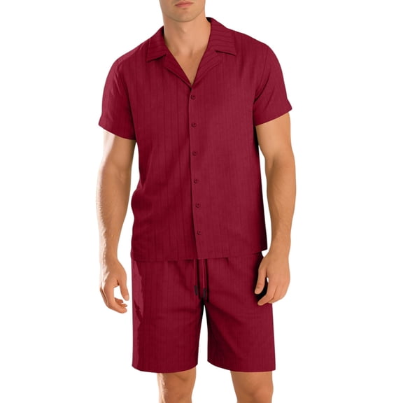 GrmtClth Men's Short Sets 2 Piece 2026 Breathable Collared Tops Vacation Button Down Clothing Fashion Textured Outfit Wine 3XL