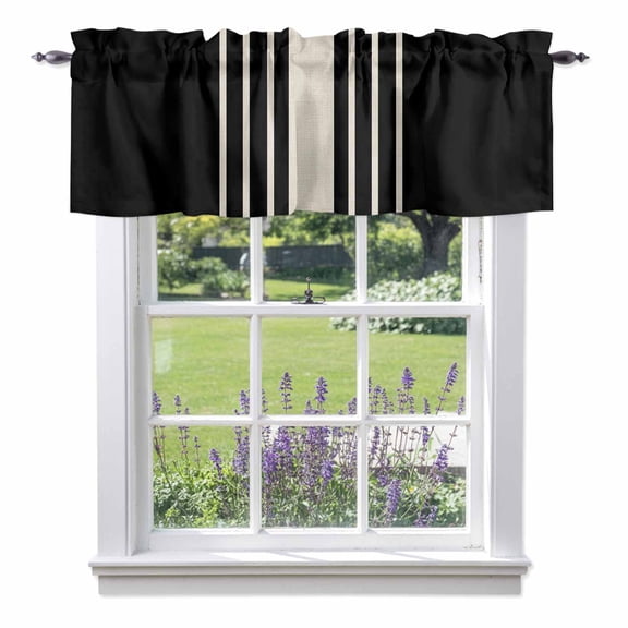 Black Beige Striped Kitchen Curtain Valances for Windows Farmhouse Short Curtains, Modern Farmhouse Retro Lines Rod Pocket Valance Curtain for Bedroom Cafe Living Room