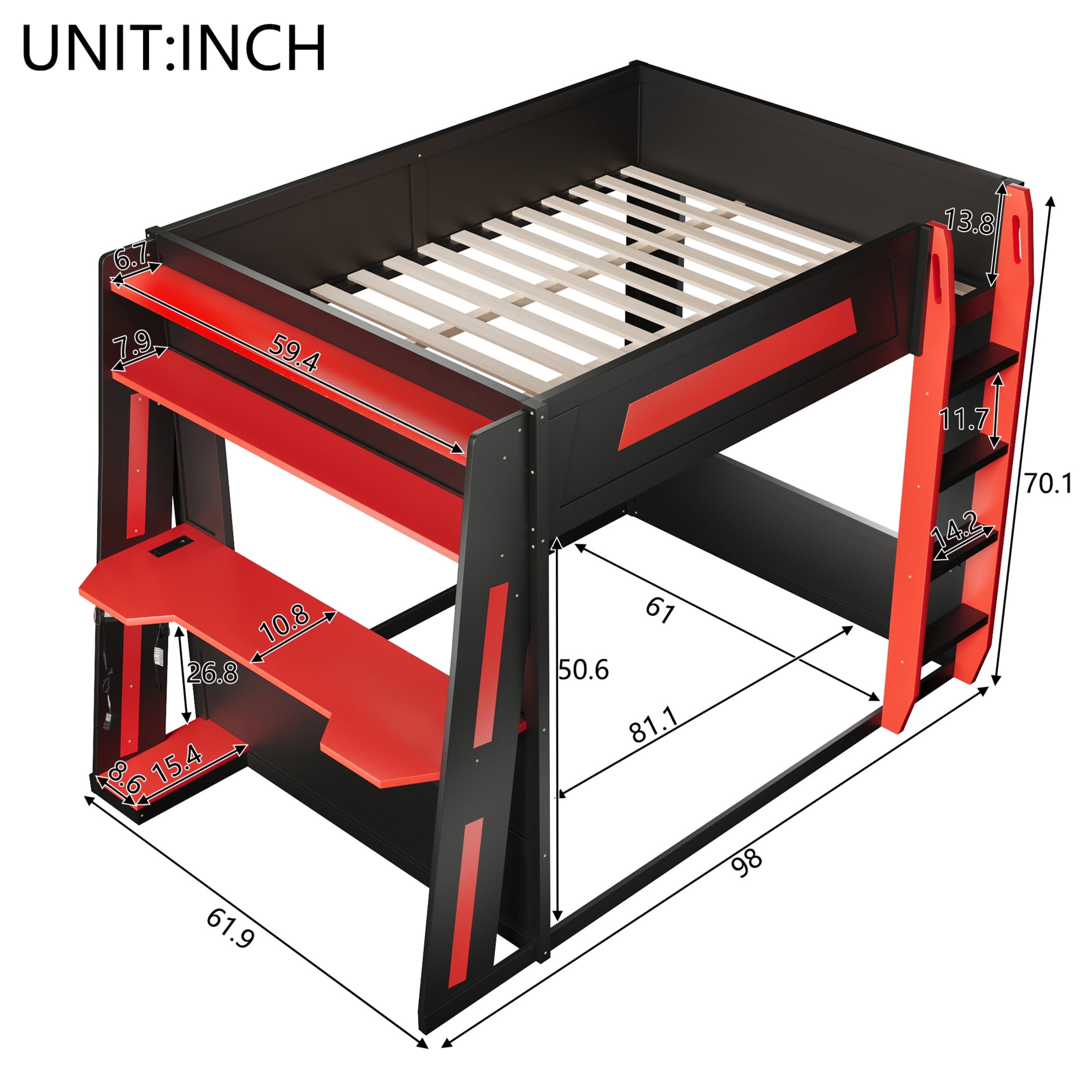Noble House Nira Queen Gaming Bunk Bed with Desk and LED Lights, Wood Loft Bed with Charging Ports, Black and Red