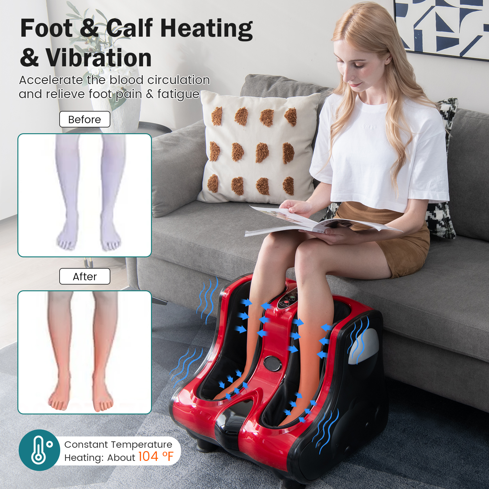 Giantex Foot & Calf Massager, Shiatsu Heated Electric Foot Massager W/ Heating, Deep Kneading & Washable Sleeves, Leg Massager for Relaxation, Foot Pain Relief, Red