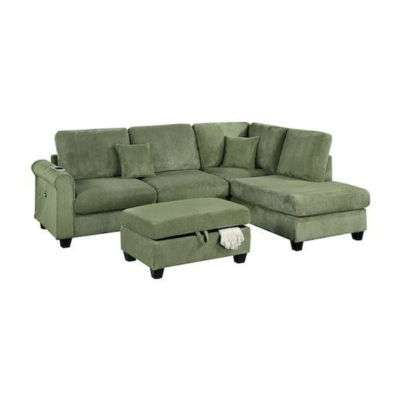 Poundex Upholstered Corduroy 3-Piece Sectional Set in Sage