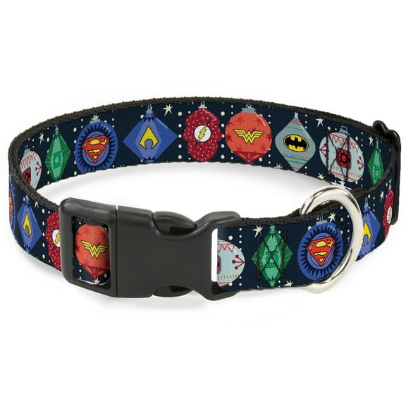 DC Comics Pet Collar, Dog Collar Plastic Buckle, DC Comics Justice League Holiday Ornament Icons and Stars, 7 to 8.5 Inches 0.5 Inch Wide