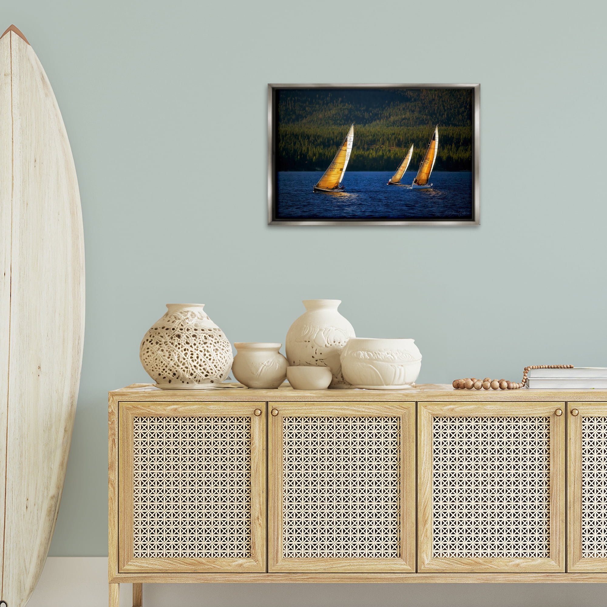 Stupell Industries Floating Sailboat Trio Transportation Photography Gray Floater Framed Canvas Art Print Wall Art, 25 x 17