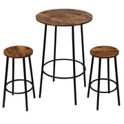 ZENSTYLE 3 Piece Pub Dining Table Set Wooden Round Breakfast Tables w/2 Bar Chairs Stools Brown