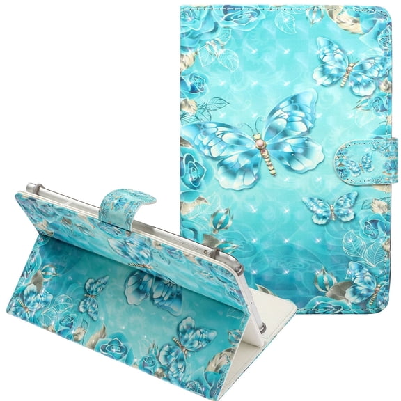 Allytech Universal Tablet Case Cover for All 6.5-7.5 inch Touchscreen Android Tablet, Slim Stand PU Leather [Card & Pencil Holder] Magnet Folio Shockproof Wallet (with a Stylus),Blue Butterfly