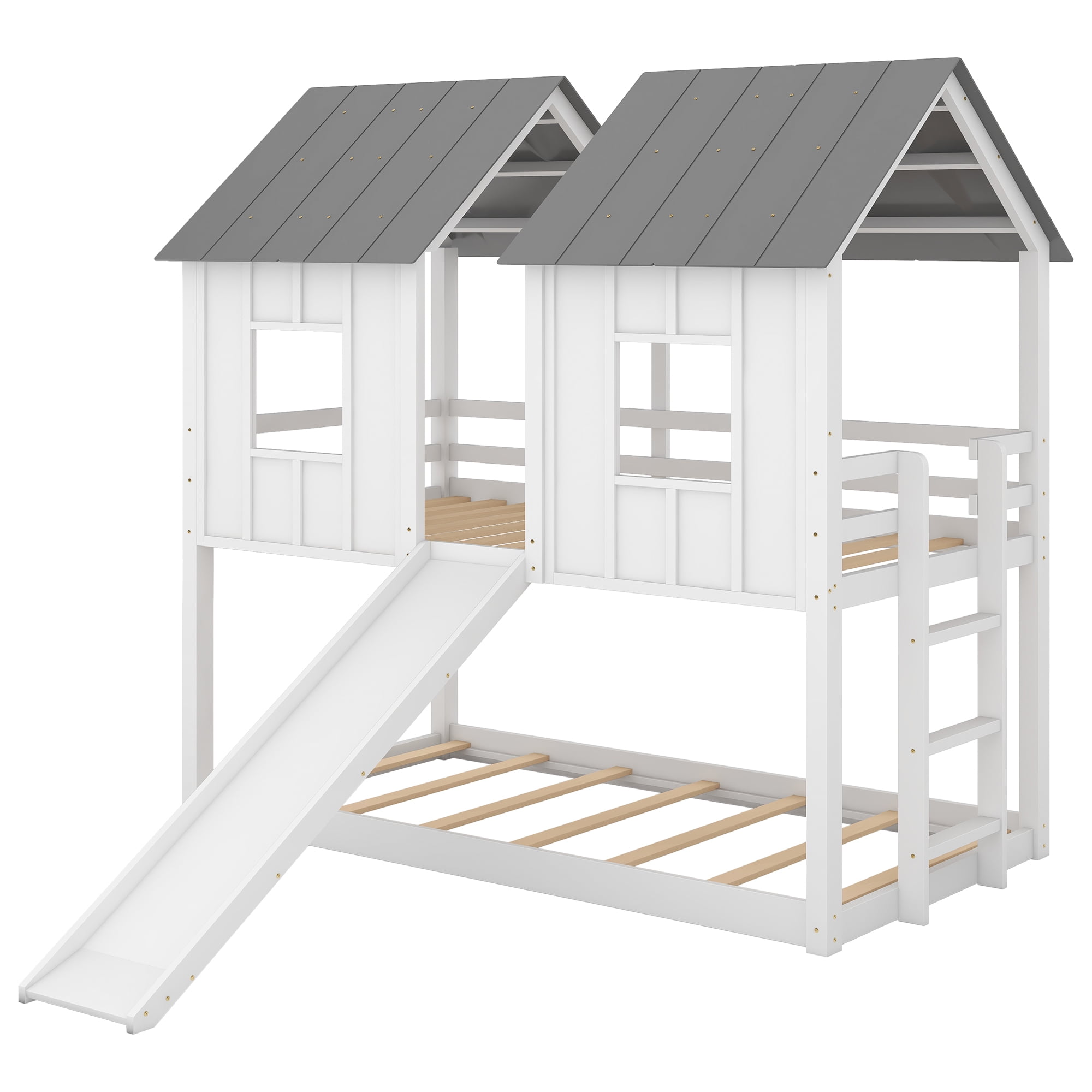 Euroco House-Shaped Twin over Twin Bunk Bed with Roof and Windows for Kids Teens Bedroom, White