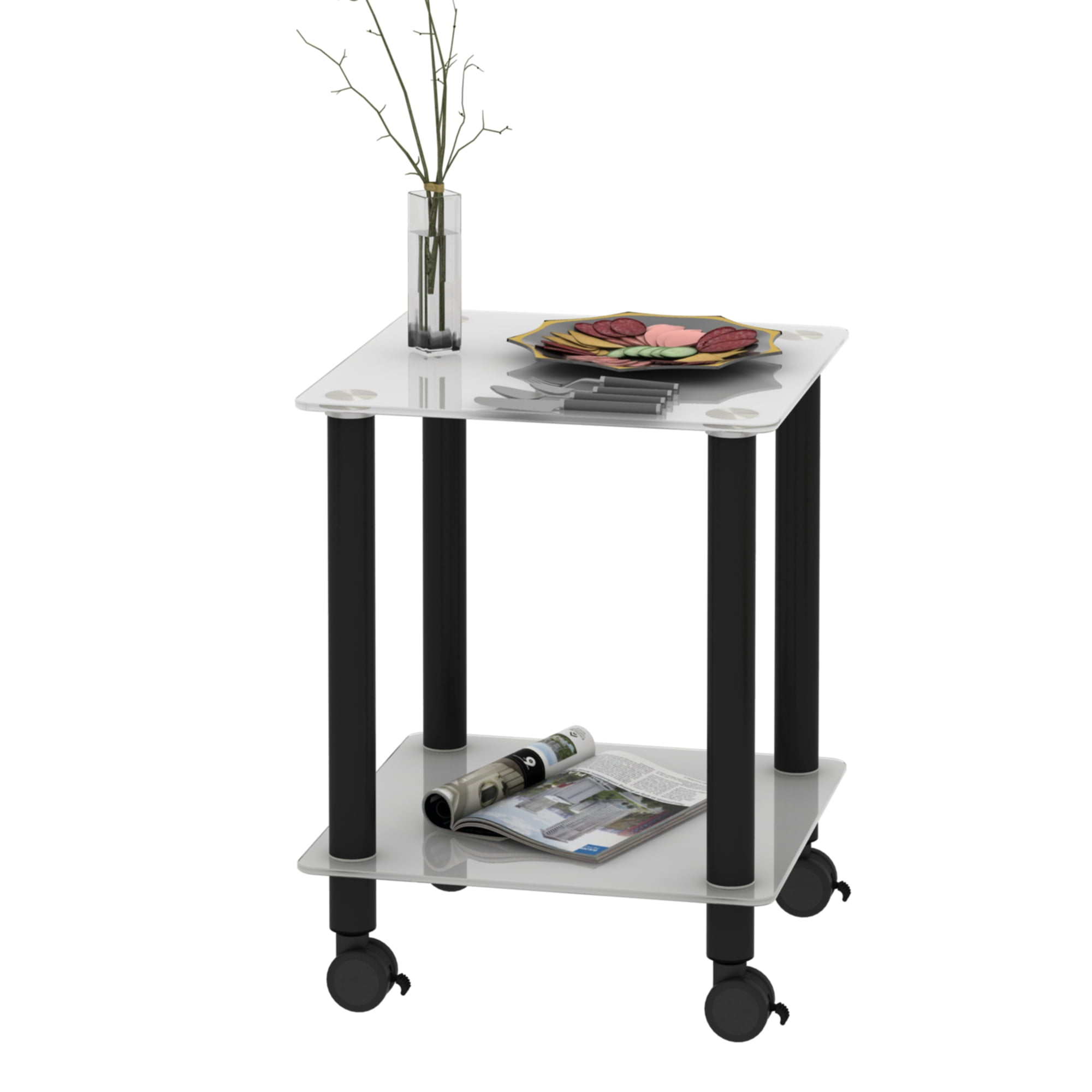 Resenkos 2-Tier Open Storage Small End Table with Glass Shelves and Removable Wheels, White&Black