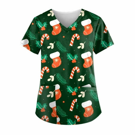 

EHTMSAK Scrub Tops Women Plus Size V Neck Christmas T Shirt Short Sleeve Fall Easy Fit Lightweight Durable Soft Stretch Printed Medical Scrub Top with Pockets Dark Green M