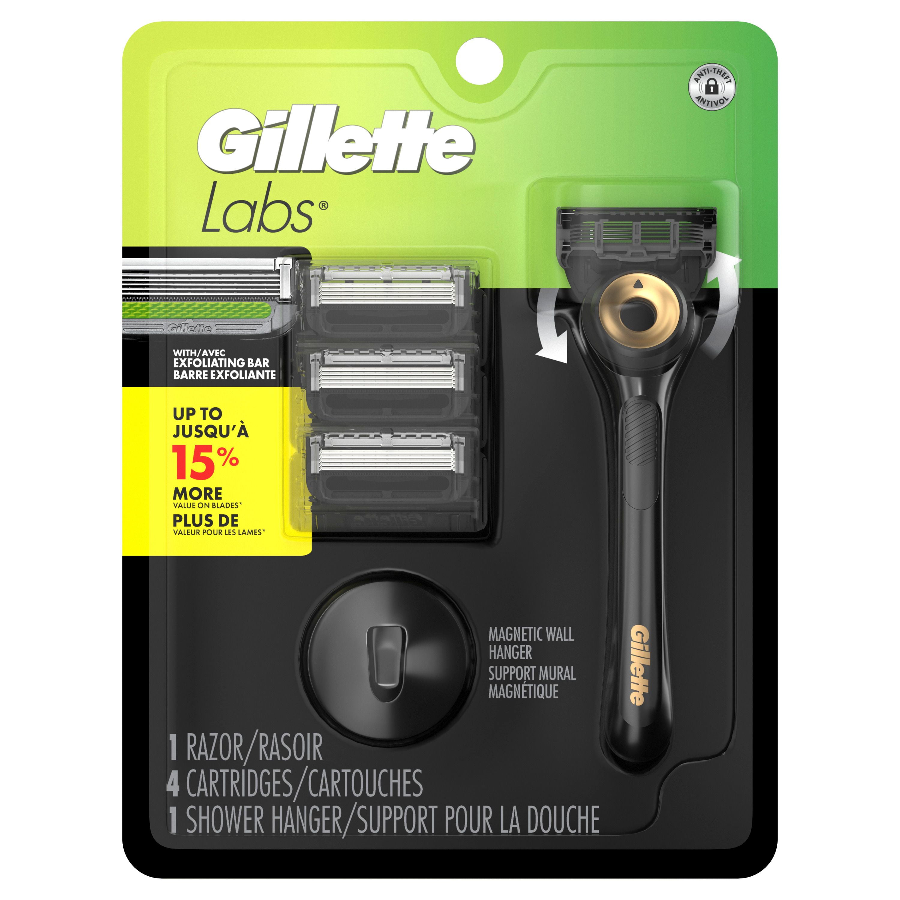 GilletteLabs with Exfoliating Bar Shaving Razor for Men, Black & Gold Edition, 1 Handle, 4 Blade Refills, 1 Magnetic Shower Hanger, 1CT