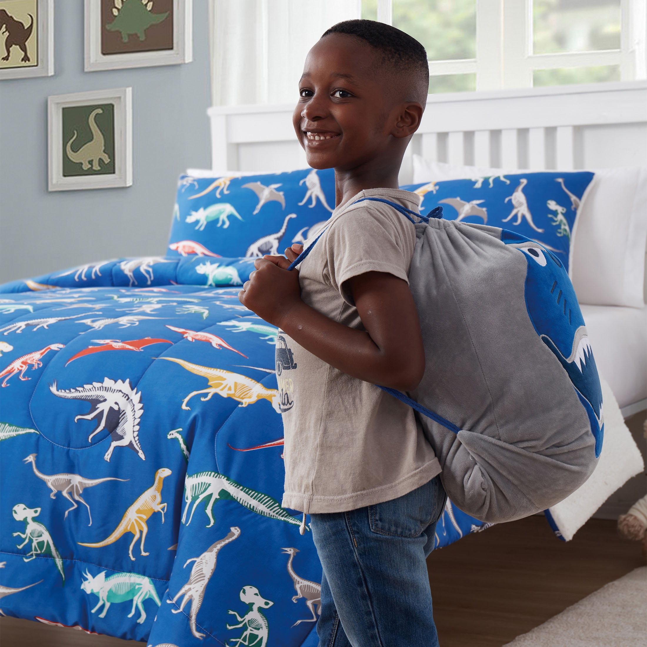 Your Zone Kids Dino 3-Piece Grey Dino Print Polyester Bedding Set, Twin