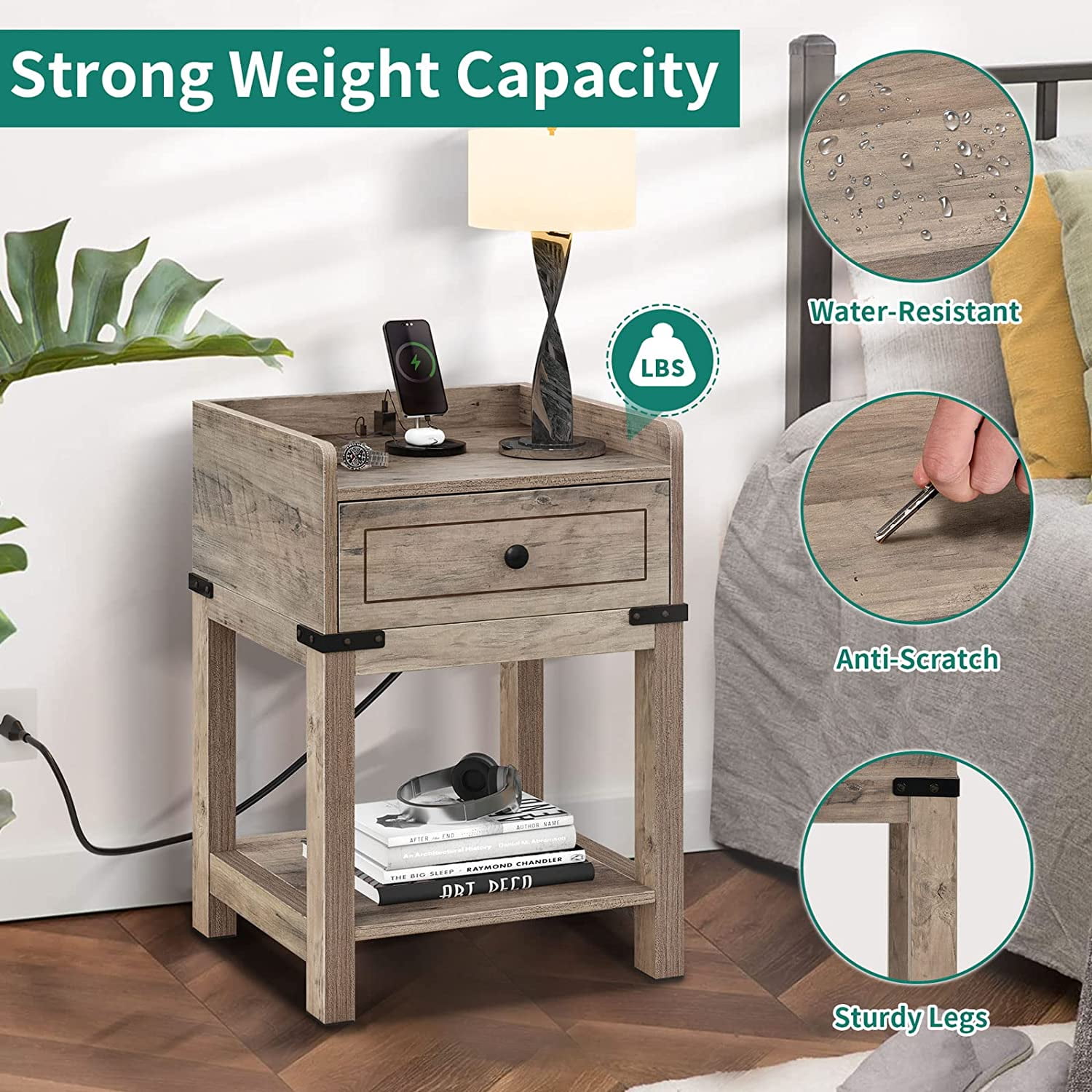 Dextrus Nightstand with Charging Station, Farmhouse End Side Table Bedside Table with Drawer