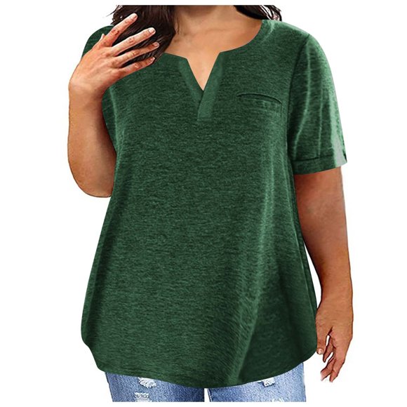 CFLVAEK Plus Size Pima Cotton Shirts for Women Short Sleeve Blouses with Pocket Loose Fitting Notch V Neck Tops Oversized Solid Moisture Wicking Exercise Shirt