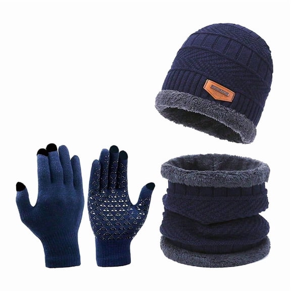 Winter Knit Beanie Hat Neck Warmer Scarf and Touch Screen Gloves Set 3 Pcs Fleece Lined Skull Cap for Men Women Navy blue