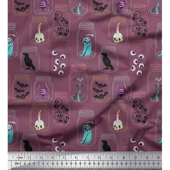 Soimoi Rayon Fabric Ghost,Skull & Witch Halloween Decor Fabric Printed Yard 42 Inch Wide