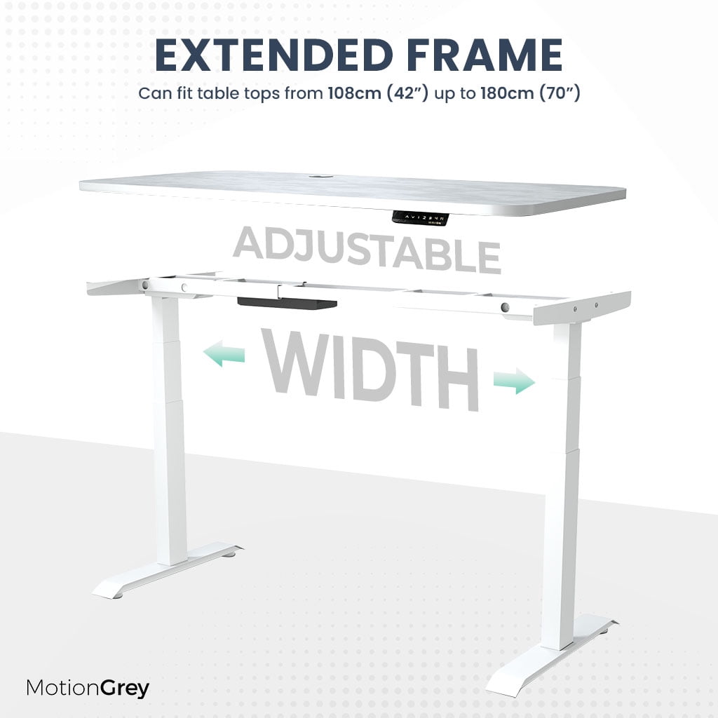 MotionGrey Height Adjustable German Electric Dual Motors Sit to Stand Office Standing Desk - White Frame with White Top (165cmx60cmx2.5cm)