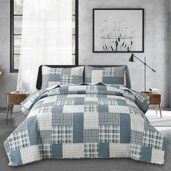 Jessy Home Patchwork Bedspread Queen/Full Size Gray White Blue Plaid Quilt Microfiber Coverlet