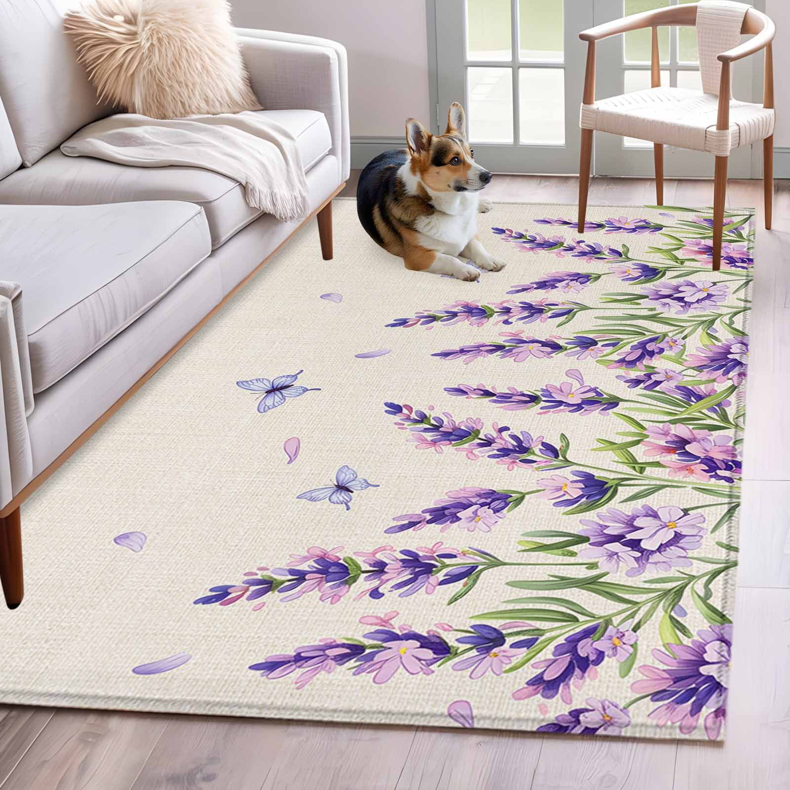 Rectangle Area Rug 4x6ft Vintage Lavender on Linen Non-Shedding Washable Area Rug Country Floral Art Non Slip Low-Profile Rugs for Living Room Bedroom Dining Room