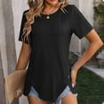 thumbnail image 4 of Fashion Olyvenn Summer New Women's Round Neck Jacquard Tops Irregular Hem Blouse Short Sleeve Buttons Casual T-shirt Black L, 4 of 5