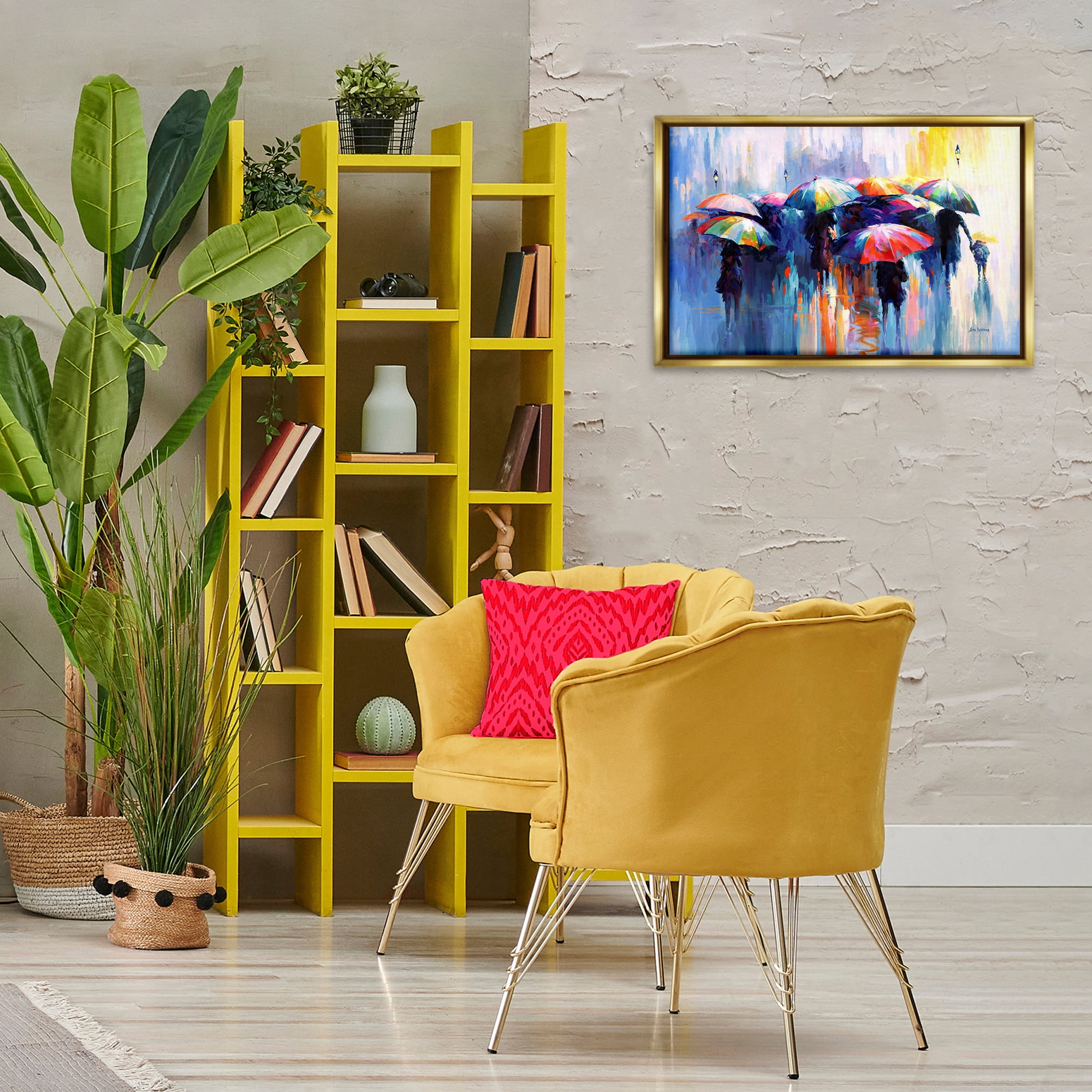 Stupell Industries Memories Beneath Rain Novelty Painting Gold Floater Framed Canvas Art Print Wall Art, 25 x 17