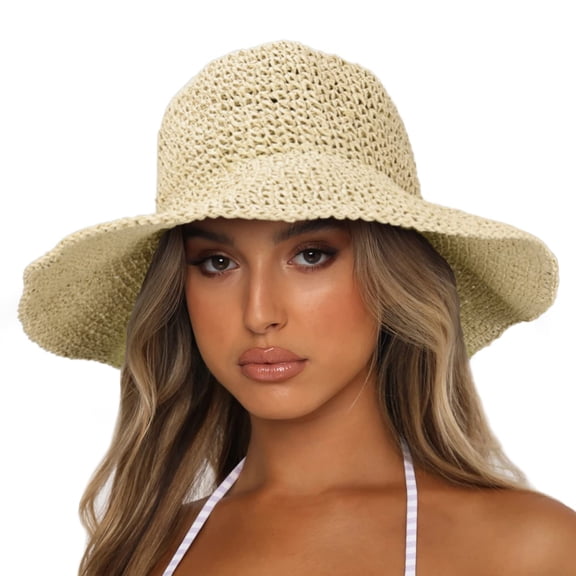 Women's Sun Hats Wide Brim Summer Beach Hat for Women Foldable Travel Straw Hat UPF50  (Creamy)