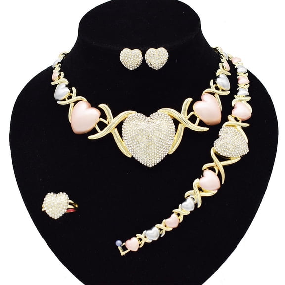 Women's Hugs & Kisses XOXO 18k Gold Plated Layered 4 Pieces Necklace Set Multi Color Shiny Real Looking Diamond Heart Pedant Necklace Includes Necklace Bracelet Ring Earrings