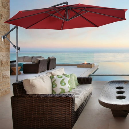 Costway 10' Hanging Umbrella Patio Sun Shade Offset Outdoor Market W/t Cross Base (Burgundy)