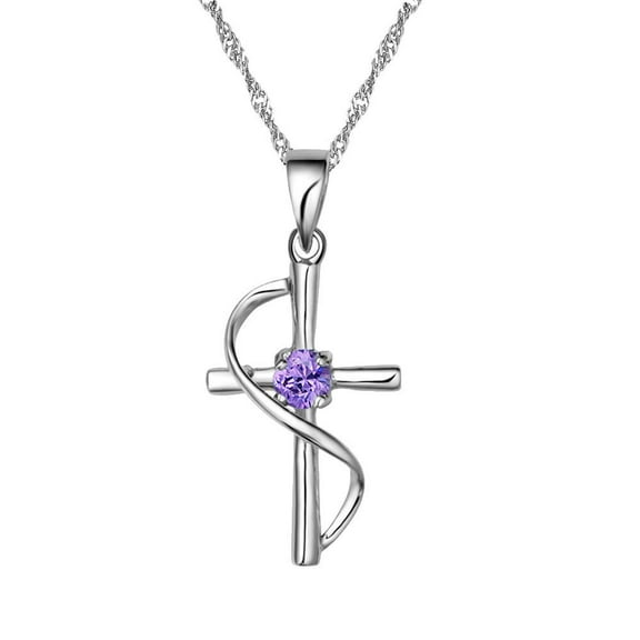 Uloveido Christian Cross Necklace Faith Hope Purple Created Diamond Pendant Necklace for Women Jewelry Platinum Plated N050