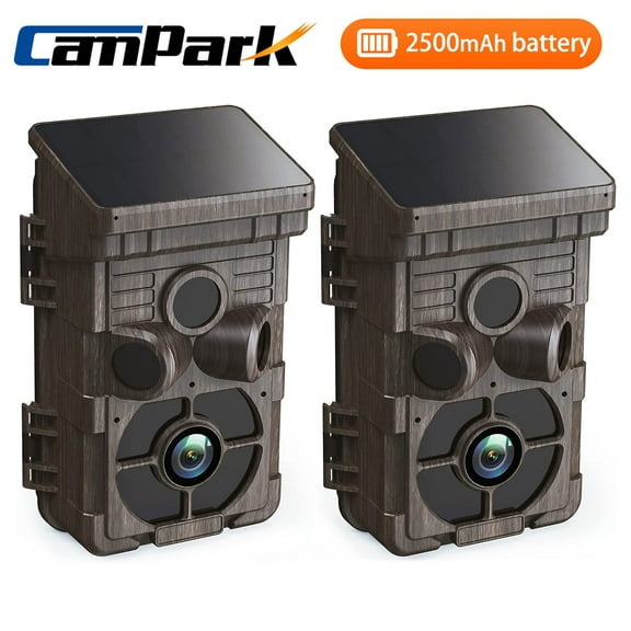 CAMPARK 2 Pack Solar Powered Trail Camera 2.7K 30MP Hunting Game Camera with Night Vision Motion Activated Waterproof IP66 Loop Recording 0.1s Trigger Time Deer Trail Cam Built-in 2000mAh Battery
