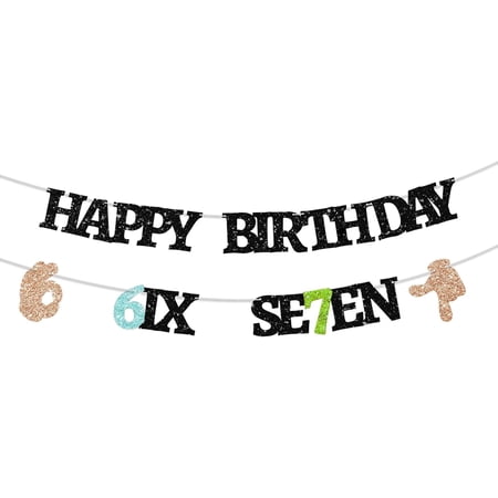 Happy Birthday Black Multicolor Glitter I Was Six Now I’m Seven Banner, Funny Kids 7th Birthday Party Decor Supplies