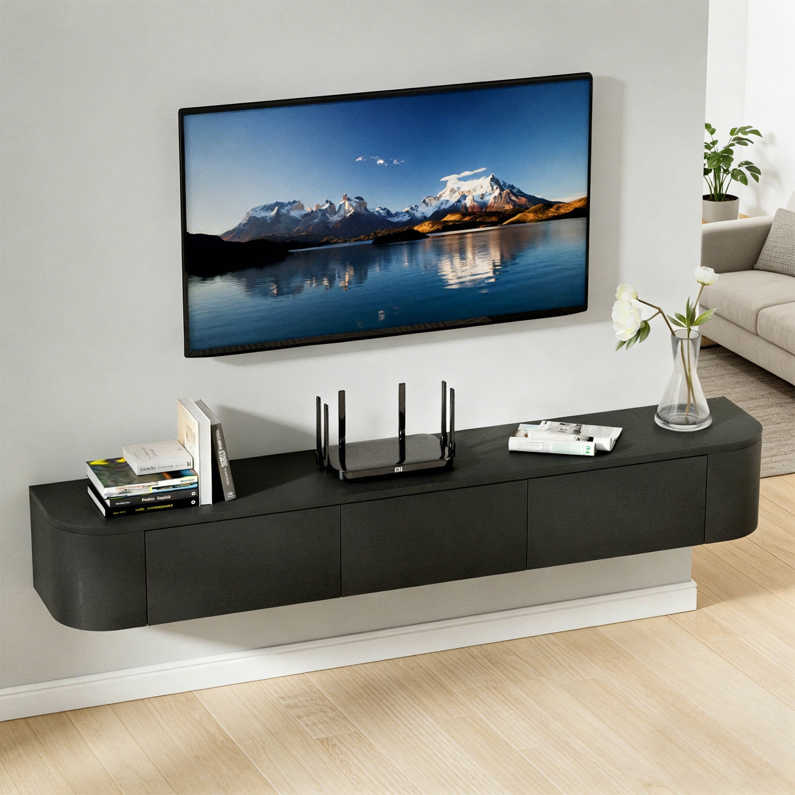 Wall Mounted Floating TV Stand Modern Media Console with 2 Drawers 1 Silent Door for Living Room Home Office (Black 140CM/55.1'')