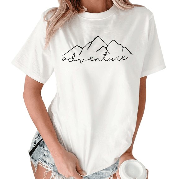 Giffimy Women's Adventure Mountain Line Art Graphic Short Sleeve T-Shirt S-5XL Cotton Fashion Top