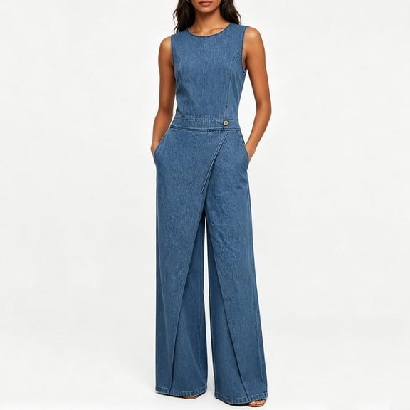 Asgosdo Women Denim Jumpsuits Sleeveless Wide Straight Leg Trendy Asymmetry Jeans Rompers with Pockets