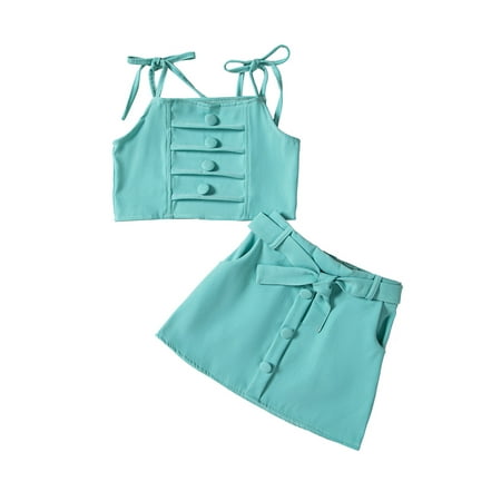 

Suanret Little Girls 2PCS Solid Color Summer Streetwear Set Toddlers Plain Shoulder Straps Tie Buttons Crop Camisole Short Skirt with Waist Belt Green 1-2 Years
