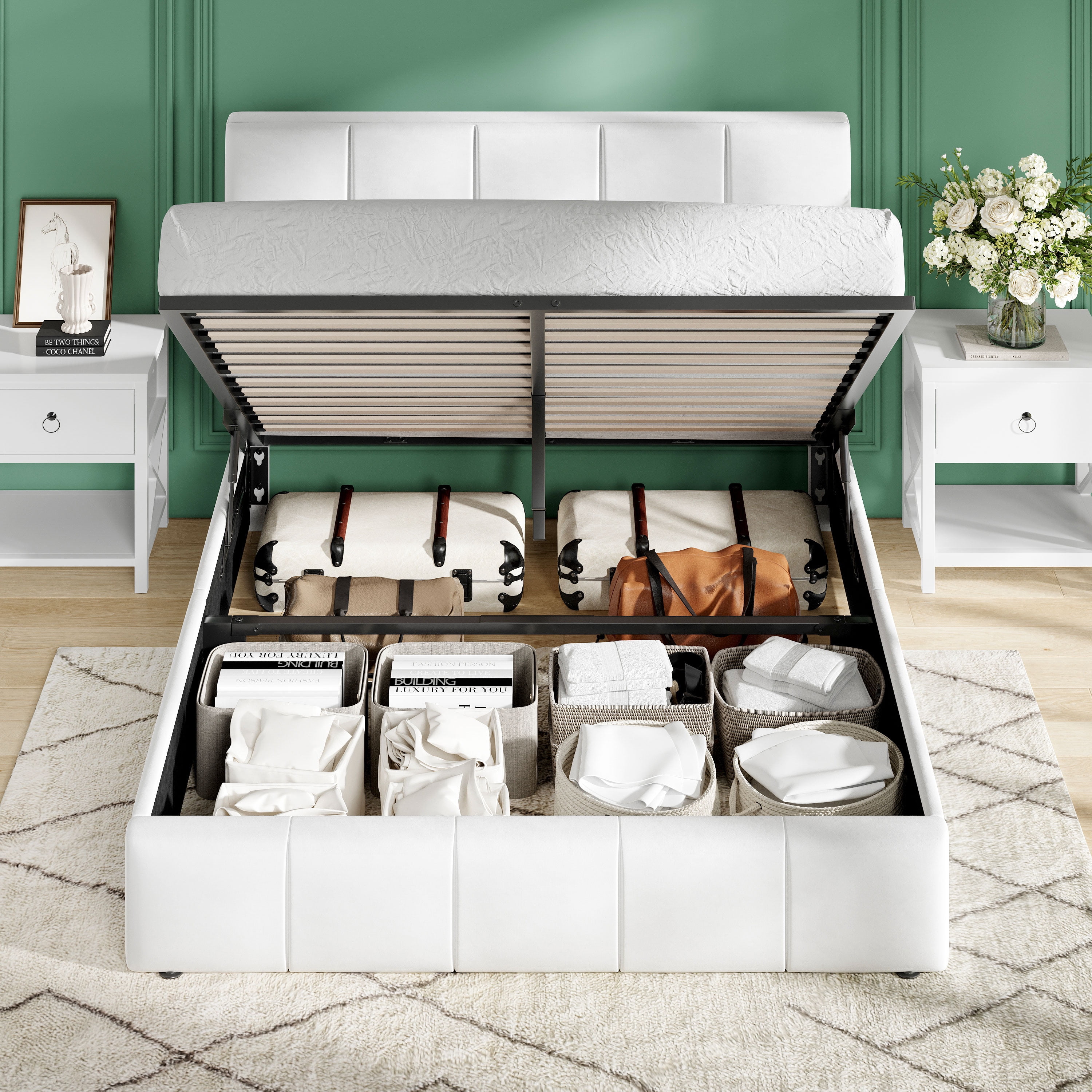 Amolife Full Size Lift Up Storage Bed Frame, Velvet Upholstered Platform Bed with Adjustable Headboard, No Box Spring Needed, White